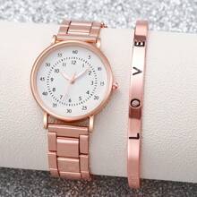 2pcs/Set Women's Watch Rose Gold Stainless Steel Round Shaped Dial Quartz Watch And Alloy Bracelet,Suitable For Daily Wear Holiday For Women Party,Holiday,Birthday Wear Or As Sisters,The Best Gift For A Lady
