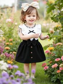 女婴可爱优雅荷叶边领无袖蝴蝶结装饰单排扣短连衣裙，2件套休闲套装，适合春夏穿着，可用于派对、日常穿着和外出活动。 - 黑色 - 查看 4