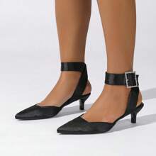 Große Größen Damen Lässige Spitze Zeh Schnallen Dekor Stilettos Schwarz Hohe Absatz Sandalen, vielseitig für EU & US Markt
