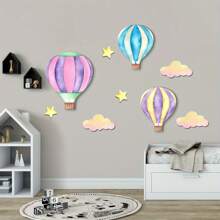 9 PIEZAS Decoraciones colgantes de pared de madera con globos aerostáticos en púrpura, azul y rosa, decoración de pared con nubes y estrellas, cartel de madera para decoración del hogar en dormitorio, salón de clases y sala de juegos