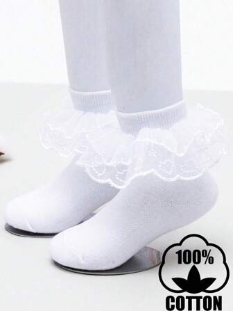 1双女童纯棉蕾丝边纯色短袜，公主风短袜，适合幼儿和大童