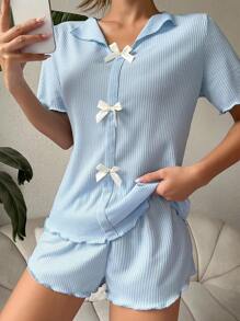 1 Set Women Stylish Sweet Bow Ruffle Edge Design Sleepwear Set, Solid Color Lapel Short Sleeve Shorts 2pcs - Blue - View 6