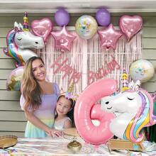 16pcs/Set Unicorn Theme Birthday Party Decorations, Suitable For Girls Purple & Pink Unicorn Party Theme Balloons, Large Rainbow Unicorn Foil Balloons, With Pink Birthday Banner, Hearts & Stars Party Supplies