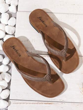 Women's Fashion New Vacation Beach Open Toe Round Toe T-Strap Flip Flops, Comfortable Non-Slip Flat Sandals