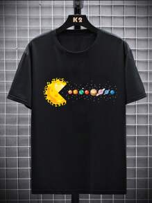 Boys & Teenagers' Casual Crew Neck Short Sleeve T-Shirt With Funny Cosmic Planet Pattern, Versatile For Daily, Street, Outdoor, School Commute - Black - View 4