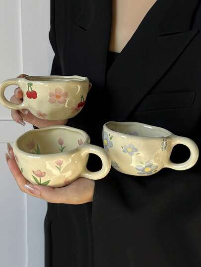 Hand-Painted Ditsy Floral Ceramic Coffee Mug, Couple Flower Pattern High-Quality Breakfast Cup, Cherry Blossom & Tulip Ceramic Teacup Back To School
