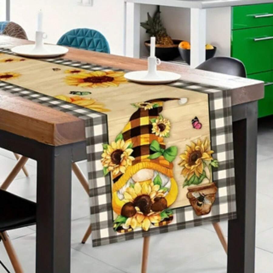 Elegant And Exquisite Farmhouse Table Runner, With Gnomes And Sunflowers Printed, Perfect For Dining Table And Kitchen Decor, Single-Sided Printing, Available In 13x48/72/108 Inches, Woven, Rectangular Table Runner For Bedroom And Party
