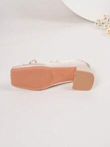 缎带蝴蝶结芭蕾平底鞋，方头，中跟，法式少女风格 - 杏色 - 查看 7