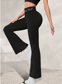 Yoga Legging Flare Pants With Letter High Waisted Hip Lifting Seamless Shape Wears Running Cycling Wide Leg Yoga High Stretchy Stretch Breathable Quick Drying Cooling Comfort Soft Basics Women Active Bottoms Solid Sports Trousers Workout Athletic Exercise Casual Outdoor Color Black