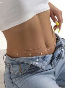 2 piezas Cadena doble de perlas para la cintura de bikini para fiesta nocturna sexy - Cadena de bikini sencilla para el vientre - Accesorios de joyas de cadena para el Body de verano para mujeres y niñas