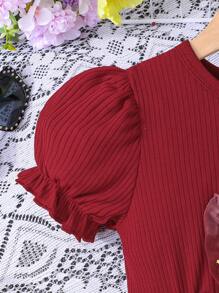 Zomermeisjes Sweet Lady Puff Sleeves Strik Pailletten Mesh Feestjurkje