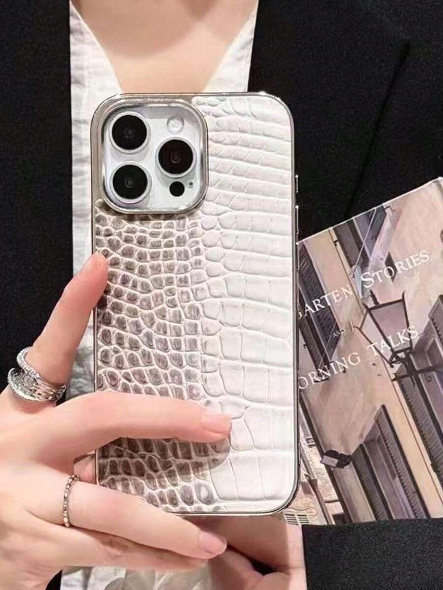 鳄鱼图案奢华喜马拉雅鳄鱼皮保护壳适用于 iPhone 16 Pro Max、15 Pro，带银边全身保护套，防震适用于 iPhone 14 Pro、14 Plus、13、12 系列，高端优雅设计
