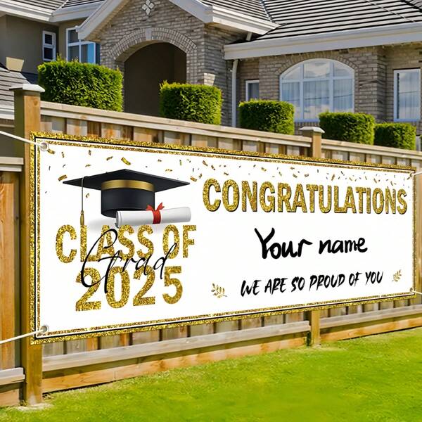 Striscione di laurea in materiale di poliestere per il 2025, decorazione per festa di laurea interna/esterna per camera o giardino, di congratulazioni