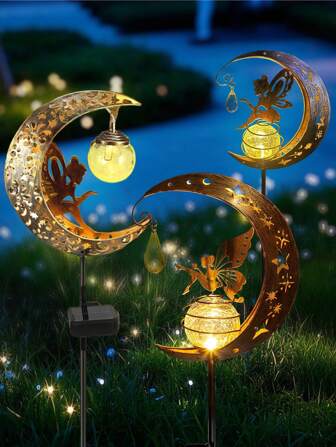 Moon & Fairy Garden 户外太阳能桩灯，带金属角桩灯的裂纹玻璃球，防水暖白色 LED 灯，适用于小路、草坪、露台、庭院、后院的装饰（1 件装）