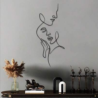 1 PIEZA Arte de pared minimalista con líneas abstractas de rostro, arte moderno de pared de metal negro para decoración del hogar, dormitorio, comedor, baño, sala de estar, 2 tamaños disponibles
