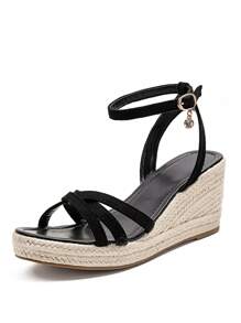 Women's Simple Versatile Round Toe Criss-Cross Lace-Up Jute Bottom Wedge Sandals With Rhinestones, Black Open Toe Casual Vacation Platform Woven Sandals Suitable With Sundress, Wedding