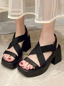 Beige Waterproof Platform Thick-Sole Slide Sandals For Women, Outdoor Wear,Cross Strap Chunky Heel Sandals, Black - Black - View 3