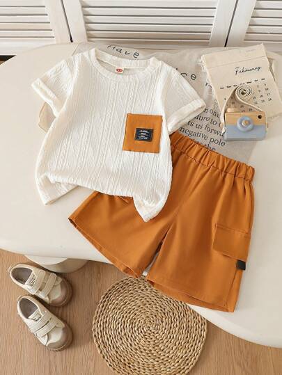 2 件装年轻男孩时尚简约圆领针织上衣 + 休闲短裤套装