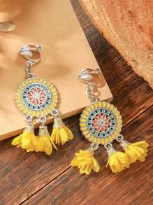 2pcs Retro Simple Exquisite Colorful Sunflower Cloth Ear Clips Bohemian Geometric Tassel Earrings For Women, Clip On Design - Clip - View 2