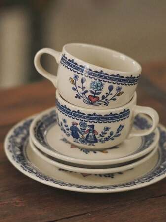 1 件英国童话印花陶瓷杯碟套装、青花瓷茶碟、咖啡/拿铁艺术杯碟礼物