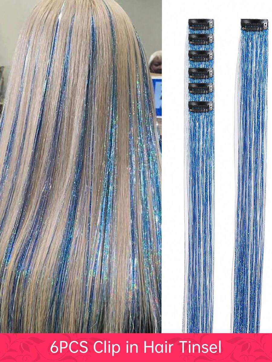 Set de 6 extensiones de cabello con purpurina de 20 pulgadas con clip, extensiones de cabello con purpurina, extensiones de cabello resistentes al calor con brillo, accesorios de cabello de hada, decoración de cabello de hada azul para mujeres, adecuado para fiestas de Navidad - Azul - Ver 1