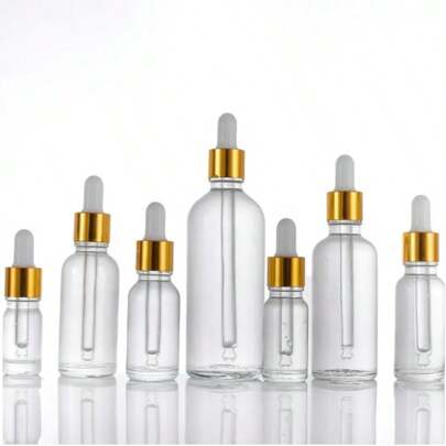 5pcs Clear Glass Dropper Bottles With Gold Screw Cap, Crown White Rubber, Empty Refillable For Essential Oil, Perfume, Laboratory, Serum, Liquid, Travel, Glass Bottle With Glass Dropper (White), Portable Accessories Storage
