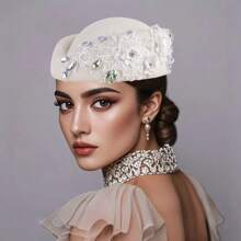 1Pc Felt Turban Hat Pillbox Hats For Women Derby Hat Fascinator Hats With Flower Embellished Elegant Ladies Tea Party Hats Vintage Beret Hat Decorated With Rhinestone Fashion Fedoras Cap For Cosplay Costume Accessories For Wedding Party Women Ladies Gift 2025 New Style.