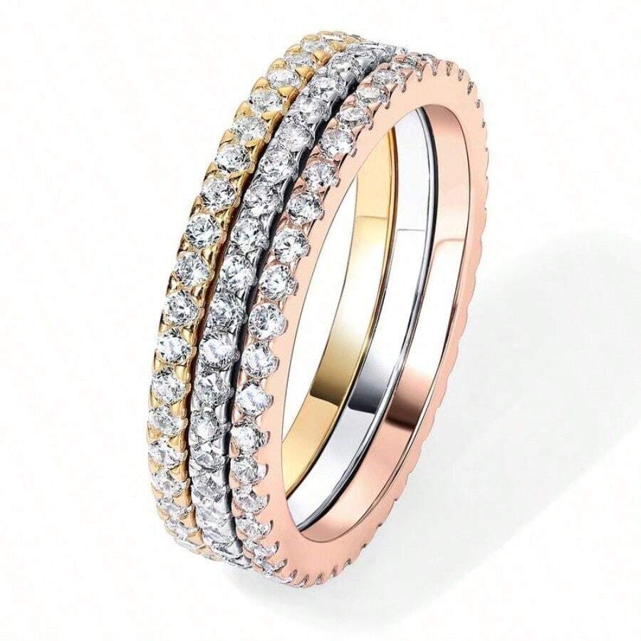 Gold Plated Solid 925 Sterling Silver CZ Simulated Diamond Stackable Ring Eternity Bands For Women - 黃金,白金和玫瑰金 - 查看 1