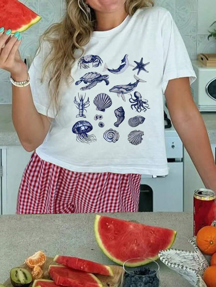 Ocean Creature Themed T-Shirt Suitable For Older Tween Girl, Great For Wearing When Going On Vacation And Playing In The Water, Girls T-Shirt