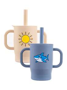 2pcs 5oz/150ml Creative Printed Kids Training Cup, With Handle & Straw, Silicone,  & Material, Suitable For Boys & Girls