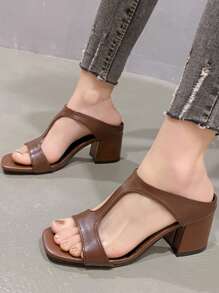 女士时尚 T 型带粗跟凉鞋、方头高跟凉鞋 - 棕色 - 查看 3