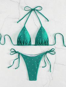 New European And American Rhinestone Embellished Women Bikini Swimwear Set - Teal Blue - View 3