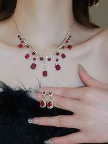 3pcs Rhinestone Embellished Square Tassel Necklace & Earring Set, Vintage Fashion Luxury Choker, Ideal Gift For Girlfriend