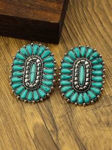 1 对女士耳环，饰有绿松石，橙色珠宝耳环，波西米亚风格，复古女士珠宝，西式椭圆形耳环，女士时尚珠宝，吊坠耳环，适合各种组合 - 藍色 - 查看 2