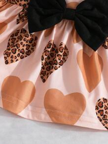 Baby Girls Summer Short Sleeve Ruffle Shoulder Hearts Print Round Neck Top + Bow Embroidery Long Pants Casual 2 Pieces Set - Apricot - View 6