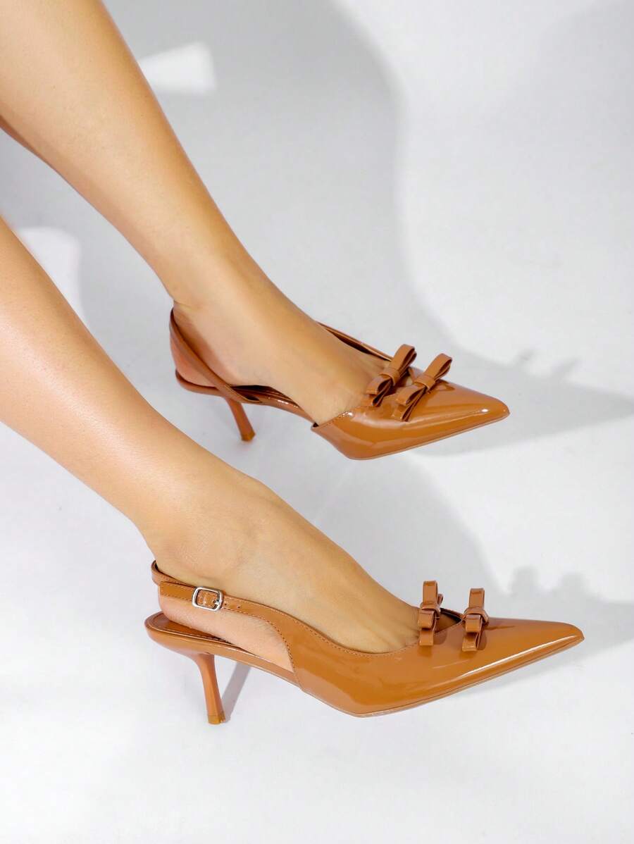 Fashionable Elegant Bow Decor Pointed Toe High Heel Sandals Stylish Sandals Summer Sandals For Women - Khaki - View 1