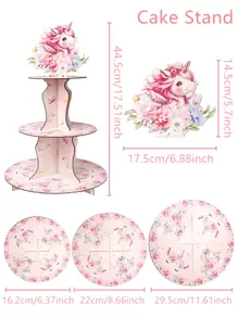 1 件独角兽与花卉蛋糕架，粉色彩虹蝴蝶结图案蛋糕托盘，适合生日派对、餐厅桌面蛋糕托盘、生日派对装饰 - 粉色 - 查看 6