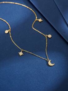 ESBERRY 1PC S925/925 Sterling Silver Simple Stars Star And Moon Tassel Necklace Shiny Zirconia Moon Pendants Necklaces For Women Gift Fine Jewelry