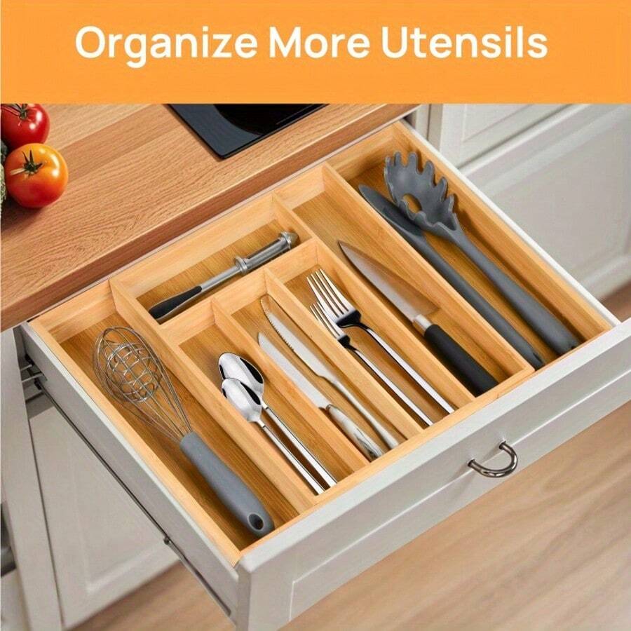 Multi-Functional Bamboo Expandable Drawer Organizer With Grooved Dividers, Natural Bamboo Extendable Cutlery Tray With Adjustable Compartments, Bamboo Drawer Divider For Organizing Silverware, Flatware, And Knives, Suitable For Kitchen, Bedroom, Or Living Room. - Regular - View 1