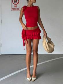 Women Summer Skirts Outfits Solid Color Tie-Up Shoulder Sleeveless Tank Tops Ruffles Mini Skirts 2 Pieces Clothes Set - Red - View 1