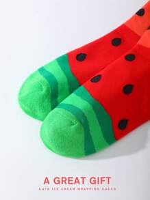 1 Pair Unisex Watermelon & Ice Cream Design Socks, Creative Unique Gifts, Soft Comfortable Breathable, Suitable For Valentine's Day, Ramadan, Mother's Day, Father's Day, Back To School, Easter, Family Gatherings, Casual Home, Couples, Birthday, All Seasons, Colorful Socks