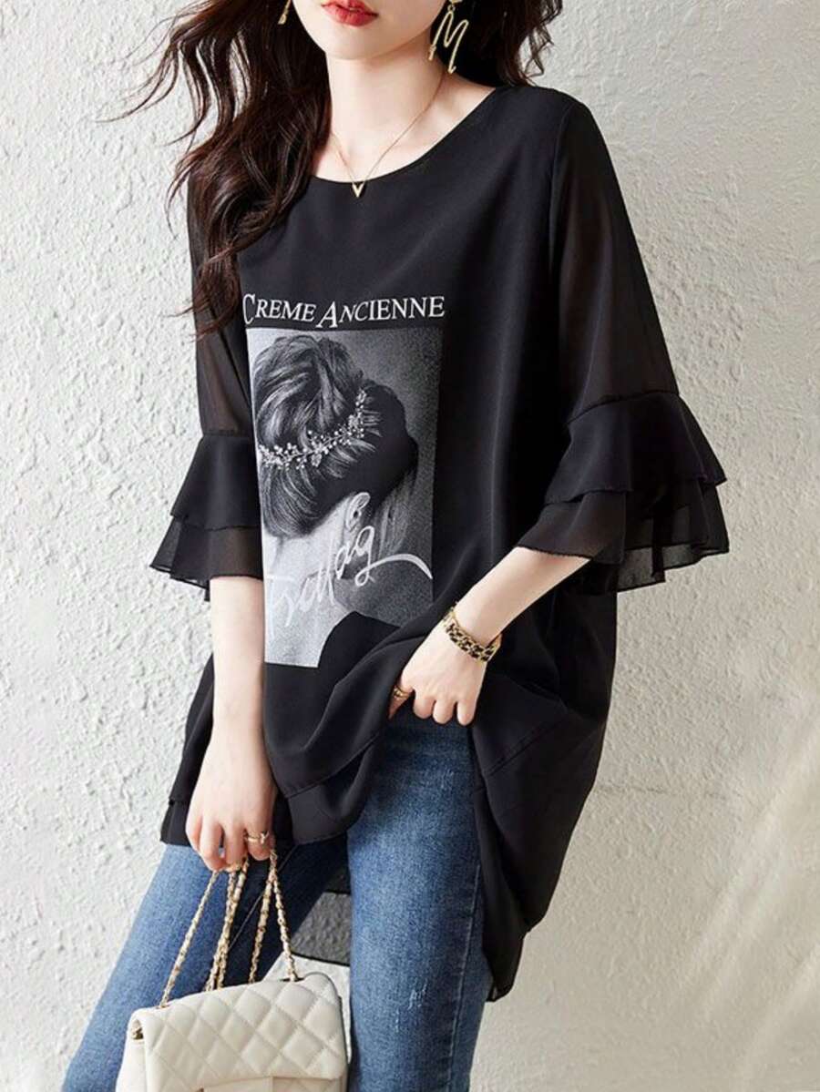 YUXIN 女款夏季輕盈雪紡襯衫，圖案印花荷葉邊喇叭袖寬鬆休閒上衣，不對稱下擺，適合日常上班度假休閒，黑色