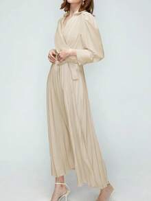 全新法式优雅翻领，侧边系带，腰部收紧，修身泡泡袖褶皱连衣裙，女士