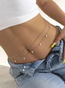 2 piezas Cadena doble de perlas para la cintura de bikini para fiesta nocturna sexy - Cadena de bikini sencilla para el vientre - Accesorios de joyas de cadena para el Body de verano para mujeres y niñas