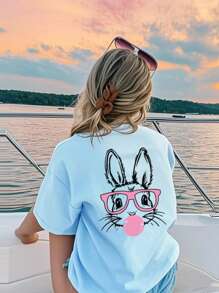 A Casual Printed Round Neck Pullover Short Sleeved T-Shirt For Girls And Boys, Designed For Summer Students And Young Children's Clothing - Cute, Glasses Wearing, Rabbit Animal Series, Artistic Style T-Shirt That Inspires Imagination And Self-Expression! Kids Clothes Girls Graphic Tees Summer Tops Tween Girl Clothes