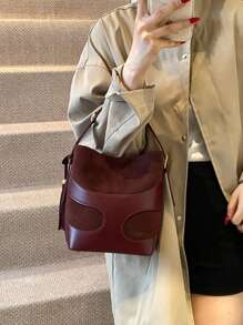 女士勃艮第色块水桶手提包，时尚优雅，适合通勤和购物，可手提或斜挎