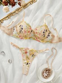 Florales Stickerei Spaghetti-Träger Camisole Top und Hose sexy Dessous Set für Frauen, Rave