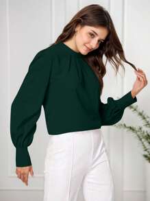 hoteel Women's Pleated Solid Long Sleeve Shirt Office Shirt Top - 墨綠色 - 查看 4