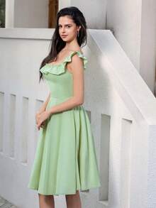Women Elegant Solid Color Ruffle Trim Sleeveless Evening Gown, Party Dress, Wedding Guest Dress, Prom Dress - Mint Green - View 3