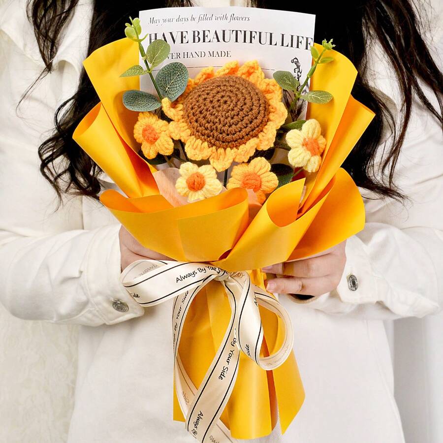 1 套手工钩针向日葵花束 - 针织编织花束，生日、情人节、母亲节、父亲节、感恩节、伴娘、圣诞节和教师节的完美礼物 - 卧室桌面的春季季节性家居装饰 - 黃色 - 查看 1